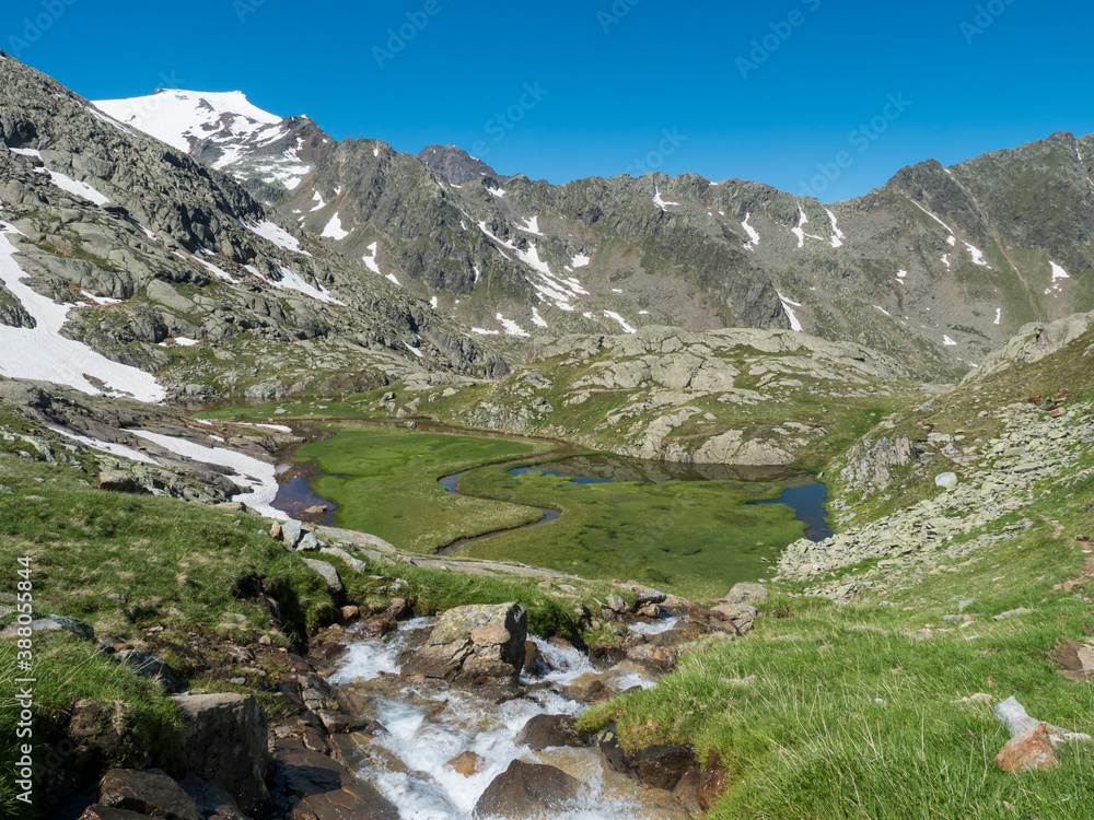 Top view of beautiful wetland with wild stream cascade, alpine mountain meadow called Paradies with lush green grass and snow capped mountain peaks. Stubai hiking trail, Summer Tyrol Alps, Austria