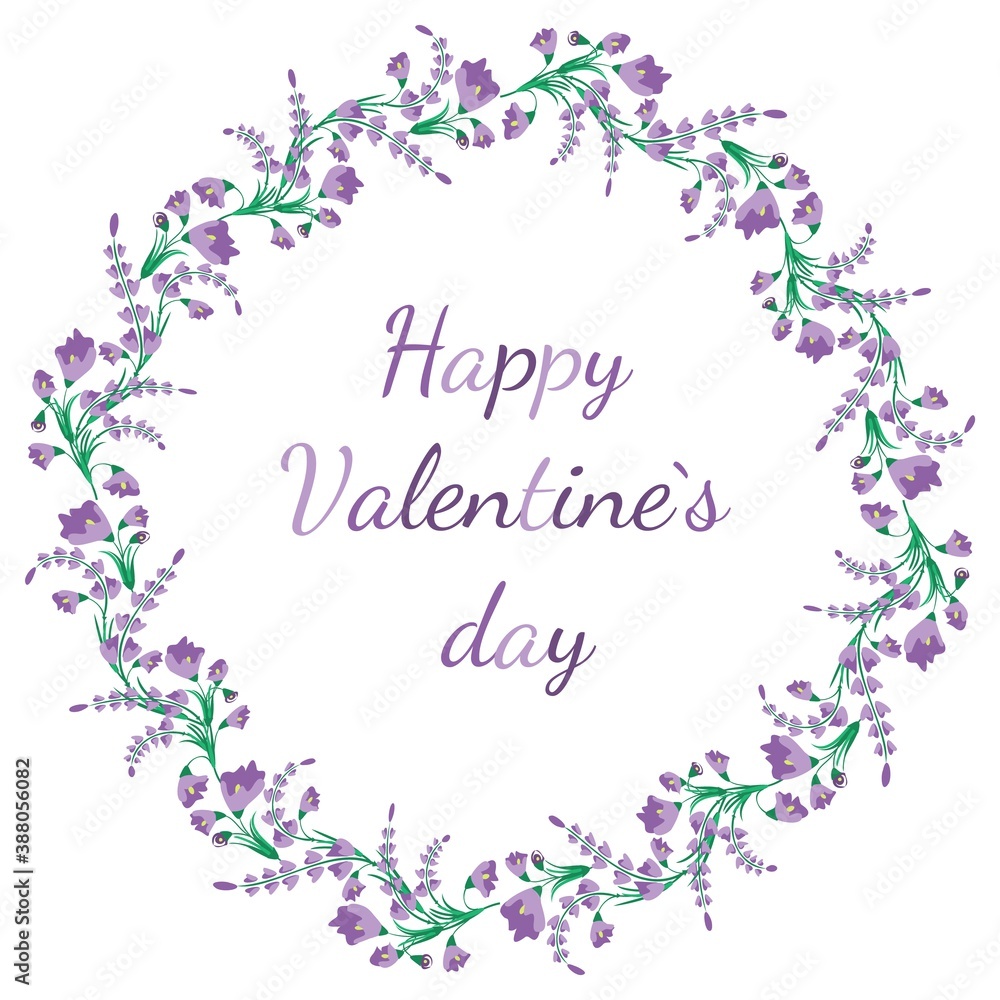 Frame made of purple flowers with the inscription Happy Valentine's Day.