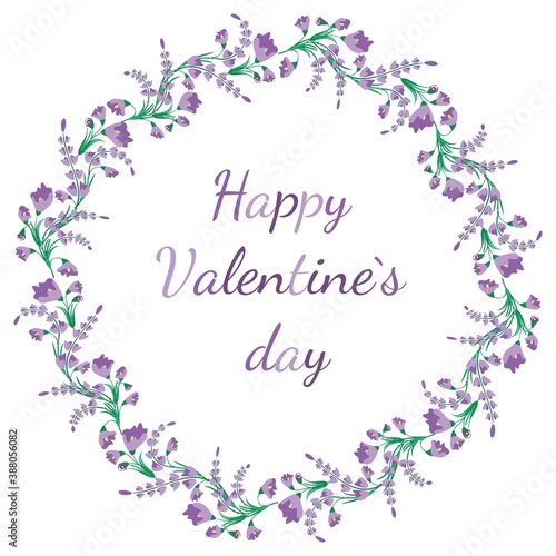Frame made of purple flowers with the inscription Happy Valentine s Day.