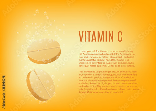 Banner template for fizzy vitamin C tablets, realistic vector illustration.