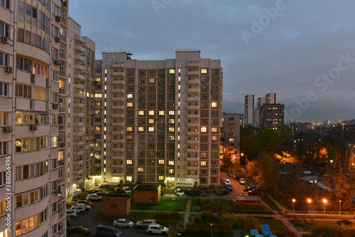Cityscape of residential district at twilight.