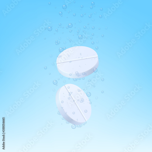 Two white fizzy tablets dissolving in blue liquid realistic vector illustration.