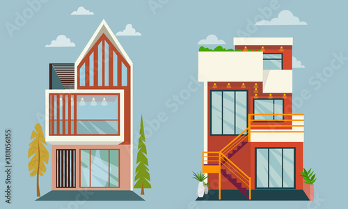 Modern house, cottage. Set. Home exterior design. vector illustration