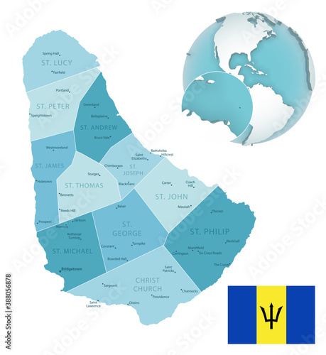 Barbados administrative blue-green map with country flag and location on a globe.