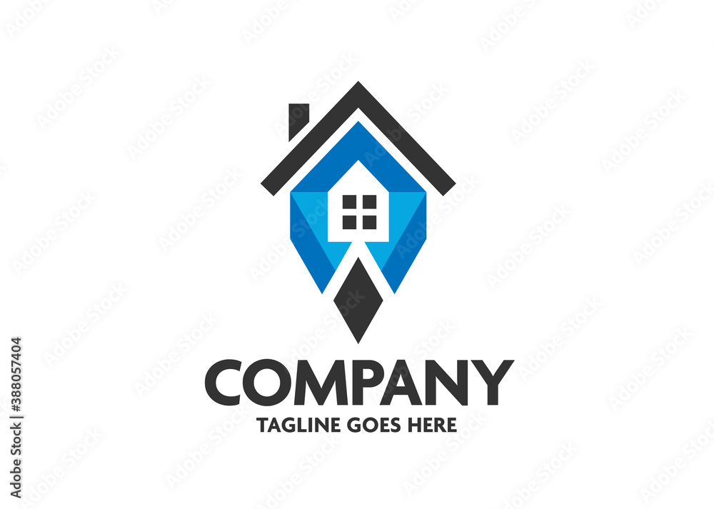 blue house design and real estate logo design vector, diamond blue house logo