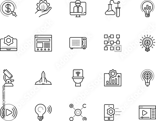 technology vector icon set such as: online business, content, minimalistic, training, support, artificial, pay, glass, pay per click, stock, chemical, rocket, lens, inventions, living, course, fire