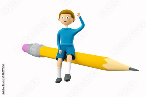 Schoolboy Nick sits on a pencil and flies to knowledge. Desire to learn. 3d illustration. 3d rendering