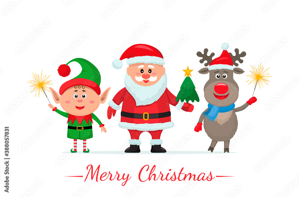 Merry Christmas and Happy New Year greeting card with cute Santa Claus, reindeer and elf Merry Christmas and Happy New Year greeting card with cute Santa Claus, reindeer and elf