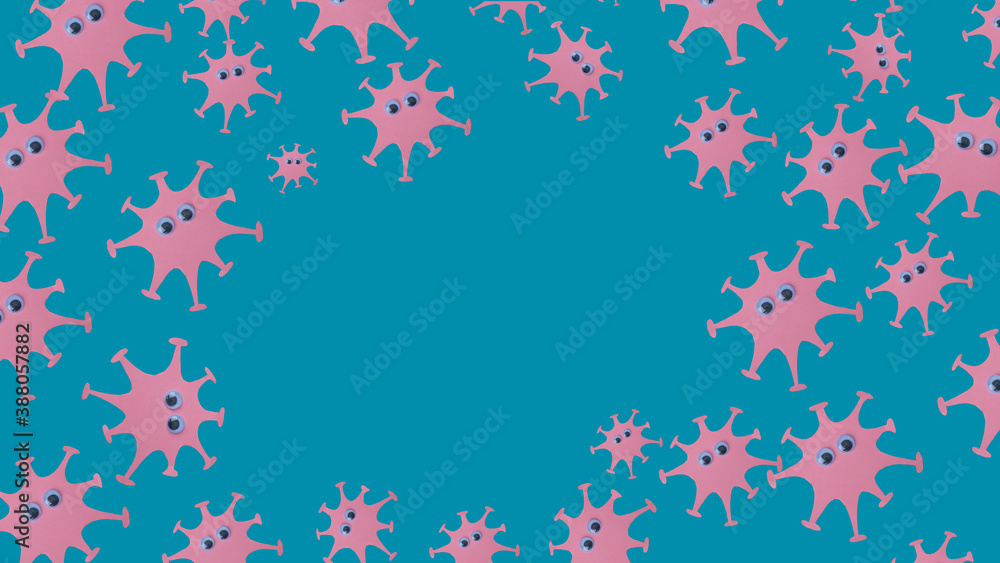 Coronovirus, covid-19 with funny eyes on a blue light background. Free space