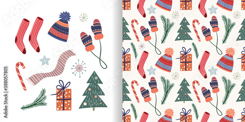 Christmas set with seamless pattern and cute winter cozy elements, vector design