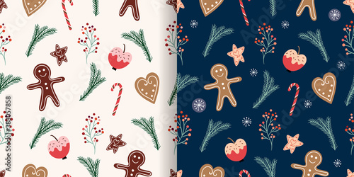 Christmas seamless patterns set with gingerbread and Christmas traditional cookies, winter design