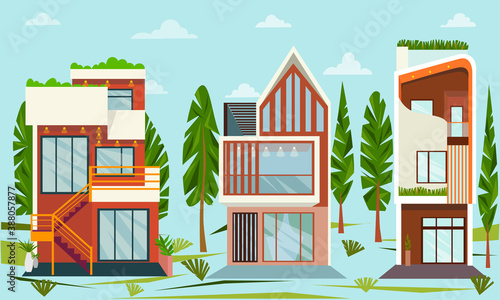 Green street with modern houses. Concept of houses of future. Home exterior design. Vector illustration