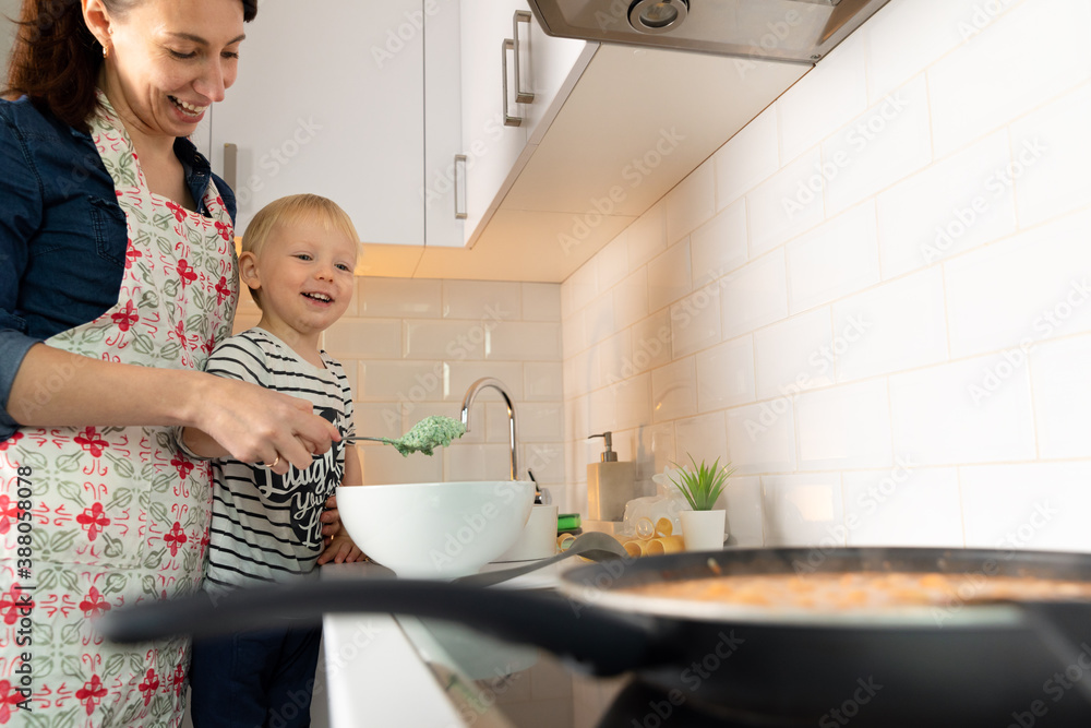 Beautiful mother and boy child preparing dinner. Happy family concept. Beautiful mother and boy child preparing dinner. Happy family concept.