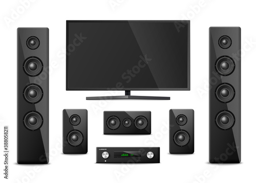 Set templates of home cinema with TV realistic vector illustration isolated.