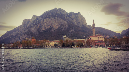 View of the city of Lecco, lake and mountains