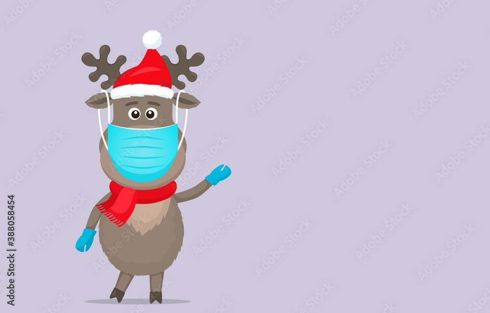 polar deer in a Santa Claus hat in a medical mask and surgical gloves. polar deer in a Santa Claus hat in a medical mask and surgical gloves.