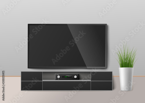 Television with home cinema receiver device, realistic vector illustration.
