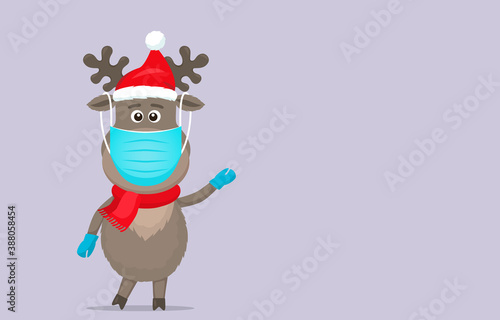 polar deer in a Santa Claus hat in a medical mask and surgical gloves.