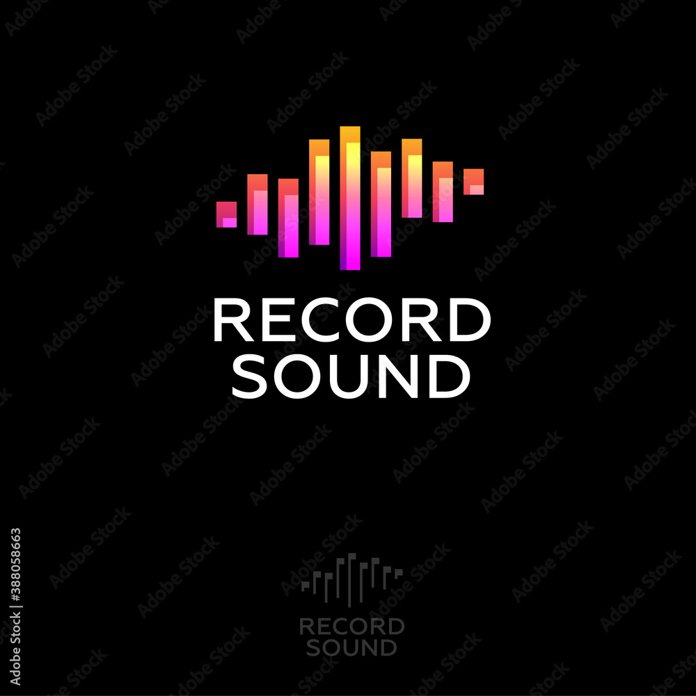 Record Sound studio logo. Recording music emblem. Letters and icon like equalizer. Monochrome option.