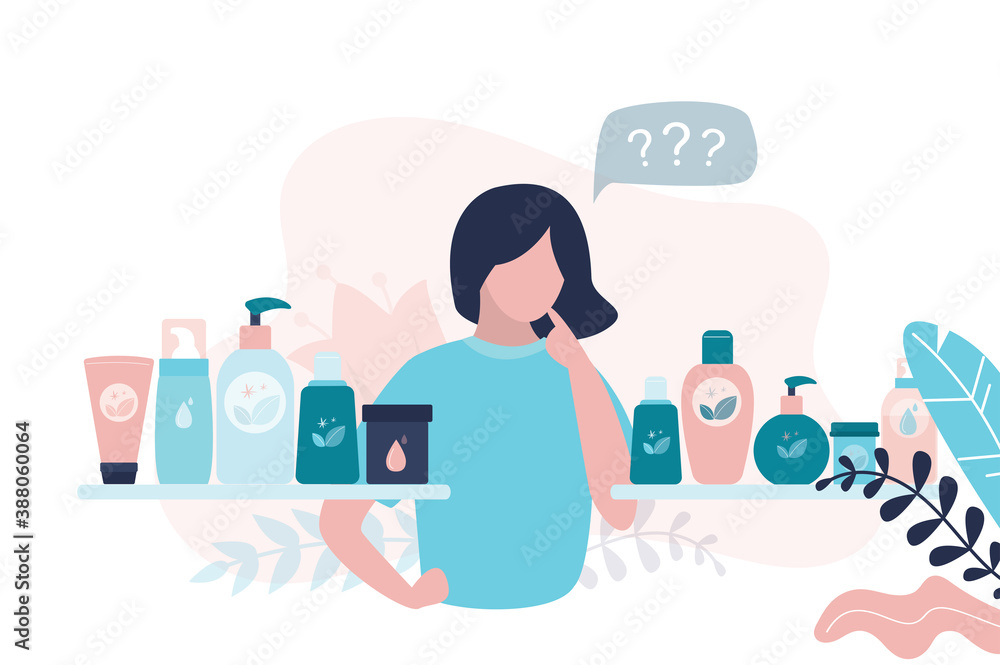 Woman doesn't know what to choose from environmentally friendly cosmetics. Various organic products are on shelves Woman doesn't know what to choose from environmentally friendly cosmetics. Various organic products are on shelves