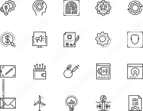 technology vector icon set such as: teamwork, propeller, online job, contour, per, robot, graph, cpu, gmo, stream, board, letter, environmental, crime, optimization, injection, mind, genetically