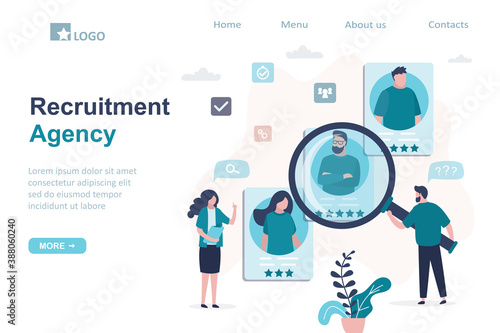Recruitment agency, landing page template. Process of searching, assessing skills and recruiting staff. Various resumes of people candidates.