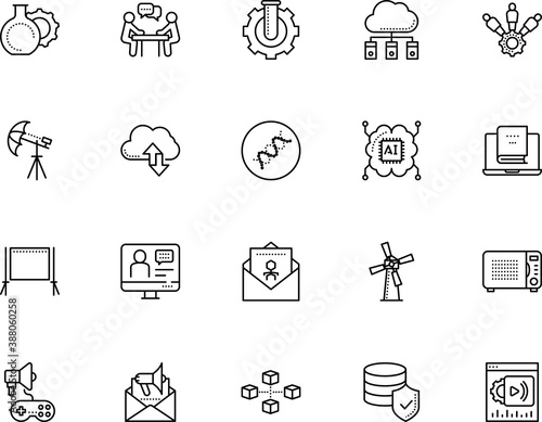 technology vector icon set such as: broadcast, mill, bitcoin, speaker, fun, sharing, shield, experiment, domestic, map, intelligence, post, address, electric, coffee, economy, control, bioinformatics