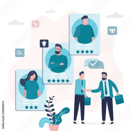 Business people shake hands. Various resumes of people candidates. CV of job seekers. Businessman choose worker and hires