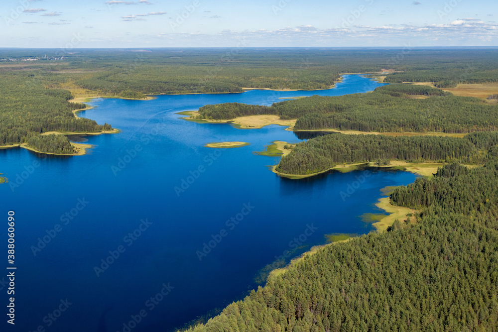 Forest lake from a height in the taiga