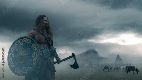 Viking warrior holding an ax with a shield  on a foggy landscape with ancient village and horses in northern panorama - concept art - 3D Rendering photo