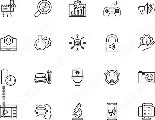technology vector icon set such as: bathroom, process, plan, automotive, gaming, screen, entertainment, customer, skin, gamer, eco, care, set, molecule, preferences, camera, toilet, steam, joypad