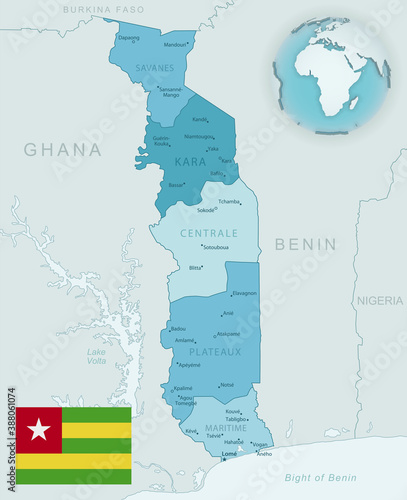 Blue-green detailed map of Togo administrative divisions with country flag and location on the globe.