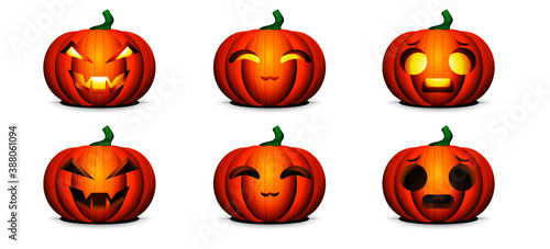 Set of fantasy cartoon happy holidays halloween Jack o lantern orange pumpkin design in different scary angry, funny surprised and cute smile cat faces isolated on white background vector illustration