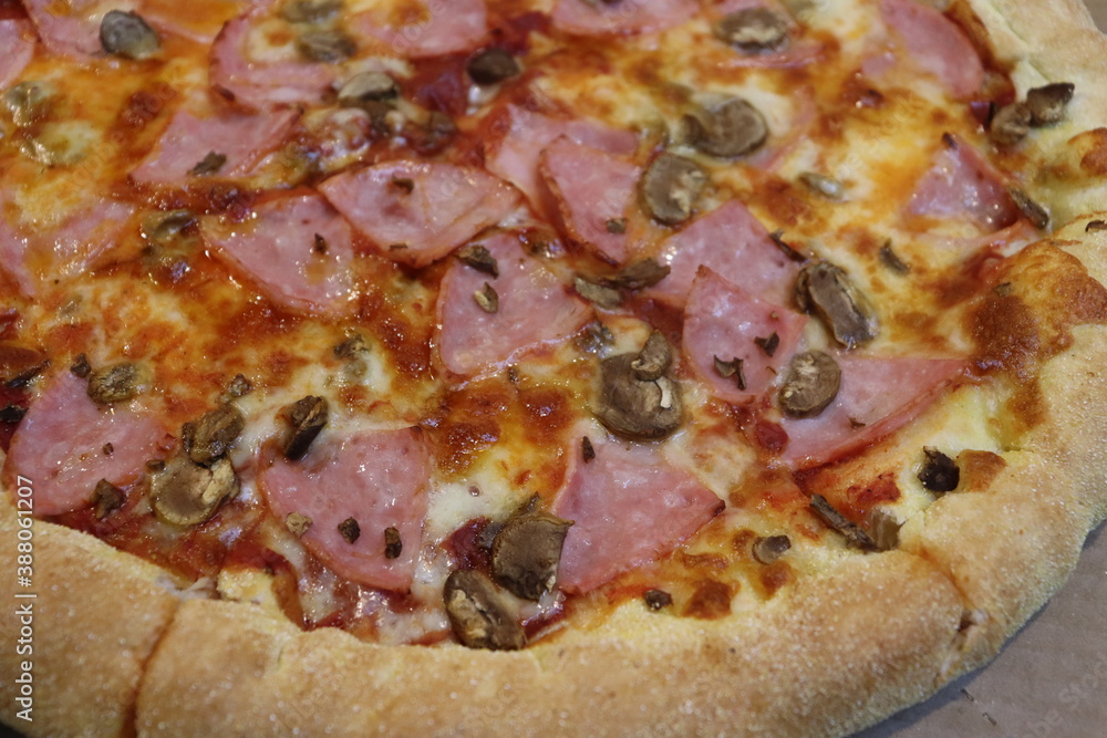 huge pizza with vegetables and mushrooms view huge pizza with vegetables and mushrooms view