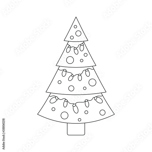 Christmas tree with garland. Coloring page. Vector illustration.