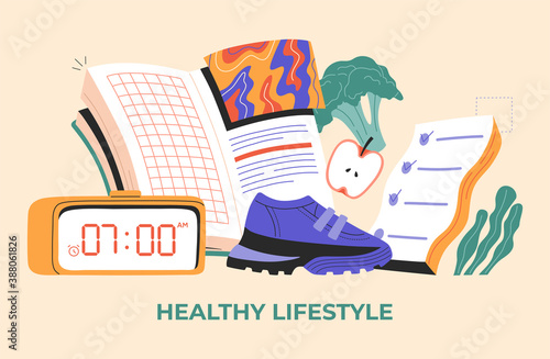 Concept of healthy lifestyle habits, symbol of everyday routine, fresh food, dieting, fitness, reading book, vector illustration, isolated on white background