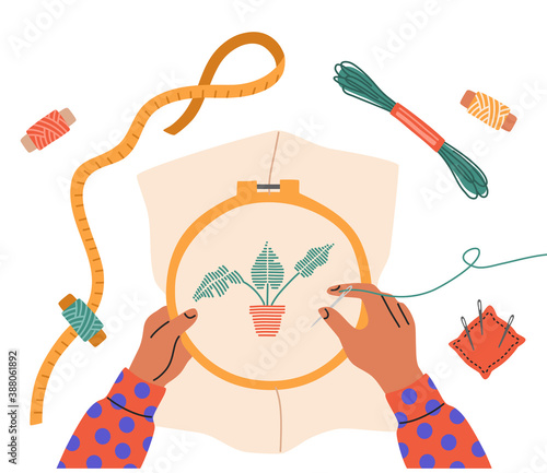 Top view of a child's hands embroider a flower, sewing needles, creative workshop, art craft lesson. Kids education. Hand drawn vector illustration in flat cartoon style, isolated on white background.
