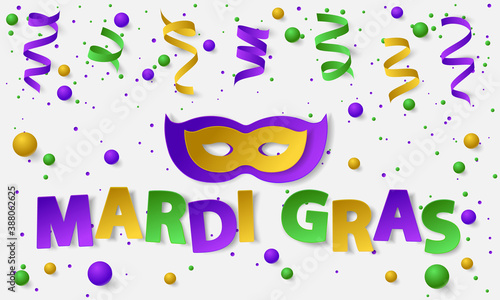 Poster with green, yellow and violet dust, confetti, balls and serpentine, ribbon. Vector illustration. Paper lettering Mardi Gras on white backgound. Elements for banner, holiday, party.