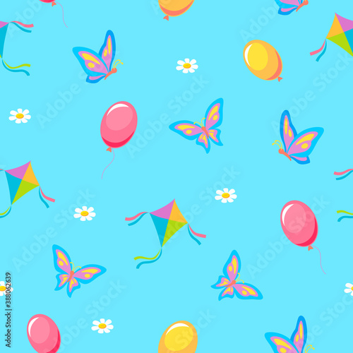 Summer kids vacation seamless pattern. Red balloon flying purple butterflies with yellow tint airy toy kite with green stripes white chamomile flowers on blue vector background.