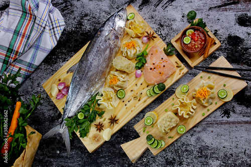 indonesian siomay mackerel fish and fillet with herbal cooking spices