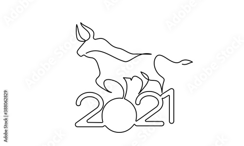 Bull Continuous one line drawing. Chinese New Year 2021