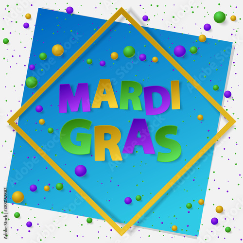 Poster with green, yellow and violet balls and frame. Vector illustration. Paper mask and lettering Mardi Gras on white and blue backgound. Elements for banner, holiday, party.