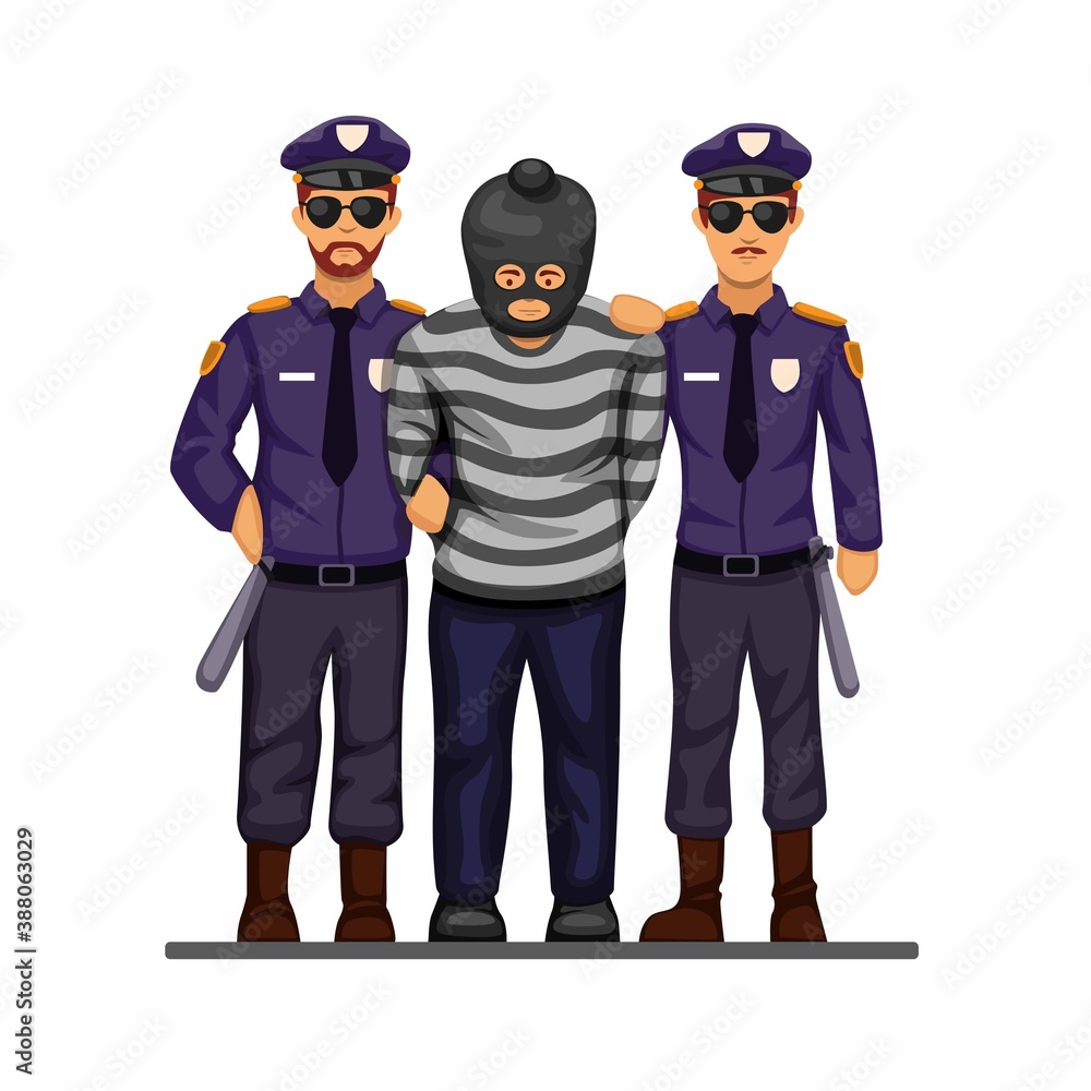 Police caught terrorist or criminal man with handcuff symbol concept in cartoon illustration vector isolated in white background Police caught terrorist or criminal man with handcuff symbol concept in cartoon illustration vector isolated in white background