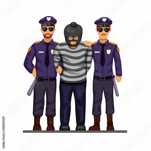 Police caught terrorist or criminal man with handcuff symbol concept in cartoon illustration vector isolated in white background