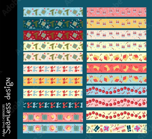 Festive border, template set. A large collection of congratulatory borders, ornaments, brushes. Abstract geometric dividers, sseasonal symbols design elements