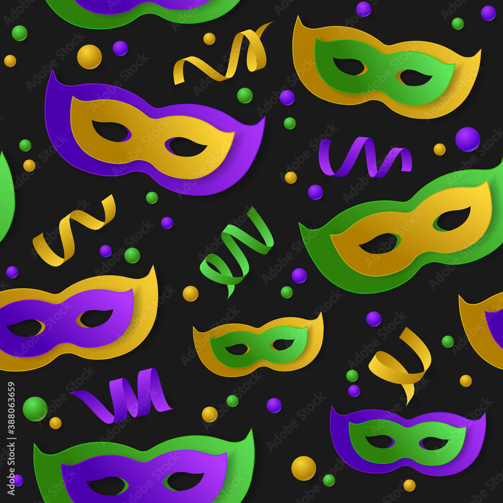 Seamless pattern with green, yellow, violet paper mask, balls and serpentine, ribbon on black backgound. Vector illustration. Mardi Gras elements for banner, holiday, party.