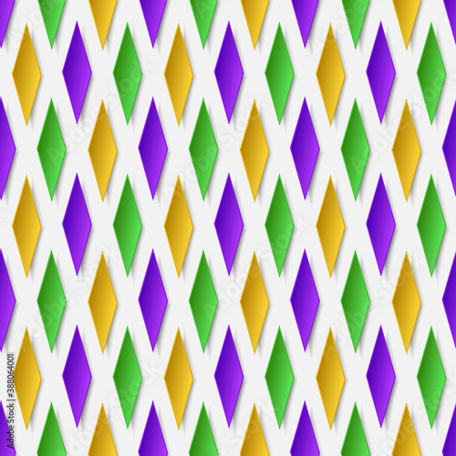 Traditional Mardi Gras seamless pattern with gold, green, yellow and violet paper rhombus on white background. Vector illustration. 