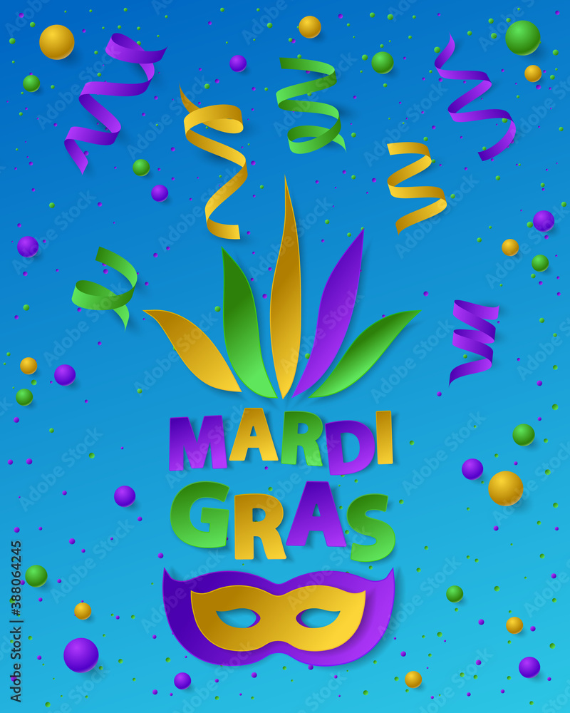 Poster with green, yellow and violet dust, confetti, balls and serpentine, ribbon. Vector illustration. Paper mask and lettering Mardi Gras on blue backgound. Elements for banner, holiday, party.
