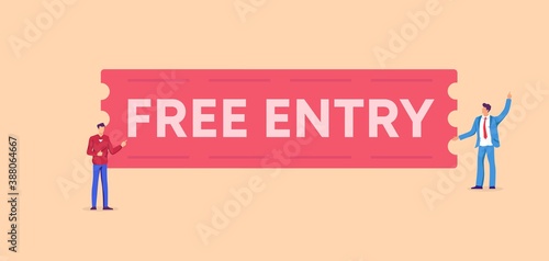 Free entry banner. Affordable red access free attendance at festive event with admission for all cultural benefit concert for general masses marketing creative trick attract vector visitors.