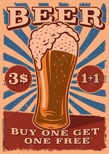 A Vintage Beer Poster With a glass of beer. All elements are on a separate layer and easily editable